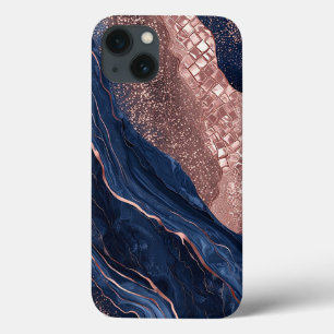 Funda Para iPhone 13 Diseño Abstraco Mármol Azul Marino y Oro Rosa