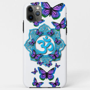 Funda Para iPhone 11 Pro Max Diseño azul ohm mandala con mariposas púrpura