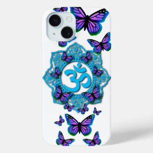 Funda Para iPhone 15 Diseño azul ohm mandala con mariposas púrpura