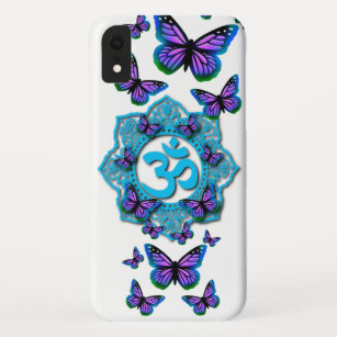 Funda Para iPhone XR Diseño azul ohm mandala con mariposas púrpura