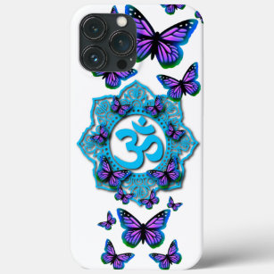 Funda Para iPhone 13 Pro Max Diseño azul ohm mandala con mariposas púrpura