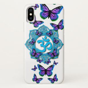 Funda Para iPhone X Diseño azul ohm mandala con mariposas púrpura