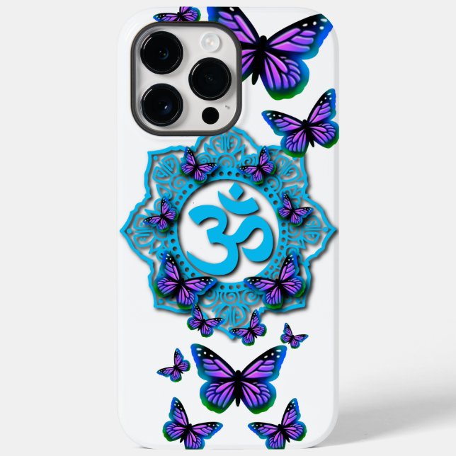 Funda De Case-Mate Para iPhone Diseño azul ohm mandala con mariposas púrpura (Reverso )