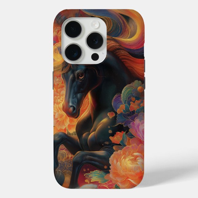 Funda De Case-Mate Para iPhone Diseño de arte floral Potro Negro (Reverso )
