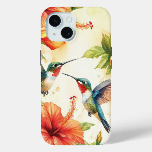 Funda Para iPhone 15 Diseño de colibrí acuarela y flores