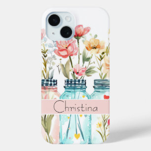 Funda Para iPhone 15 Diseño de flor de primavera con nombre