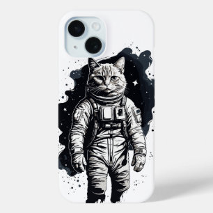 Funda Para iPhone 15 Diseño de gato astronauta de tinta negra