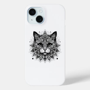 Funda Para iPhone 15 Diseño de gato con patrón de mandala