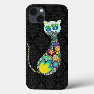 Funda Para iPhone 13 Diseño de gato de flores retro coloridas
