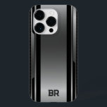 Funda Para iPhone 14 Pro De Case-Mate Diseño de mácula geométrica de plata negra y metál<br><div class="desc">Imagen de plata metálica con acentos negros,  diseño geométrico masculino. Personalizable de texto en negro.</div>