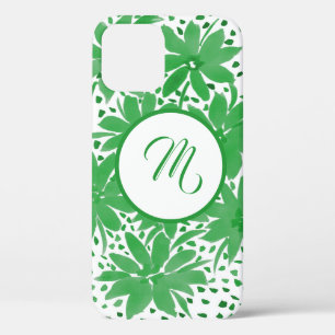 Funda Para iPhone 12 Diseño de monograma floral verde personalizado