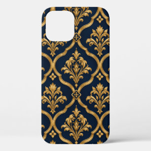 Funda Para iPhone 12 Diseño de Motivo Vintage de Damasco Dorado y Azul 
