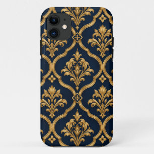 Funda Para iPhone 11 Diseño de Motivo Vintage de Damasco Dorado y Azul