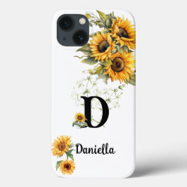 Funda Para iPhone 13 Diseño de nombre inicial de girasol personalizado