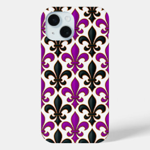Funda Para iPhone 15 Diseño de patrón barroco flor de lis negro púrpura