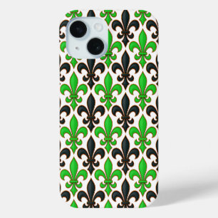 Funda Para iPhone 15 Diseño de patrón barroco flor de lis negro verde