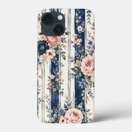 Funda Para iPhone 13 Mini Diseño de patrón de raya floral de acuarela navy