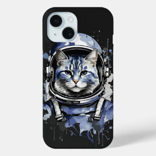 Funda Para iPhone 15 Diseño de salpicaduras de gato de astronauta azul