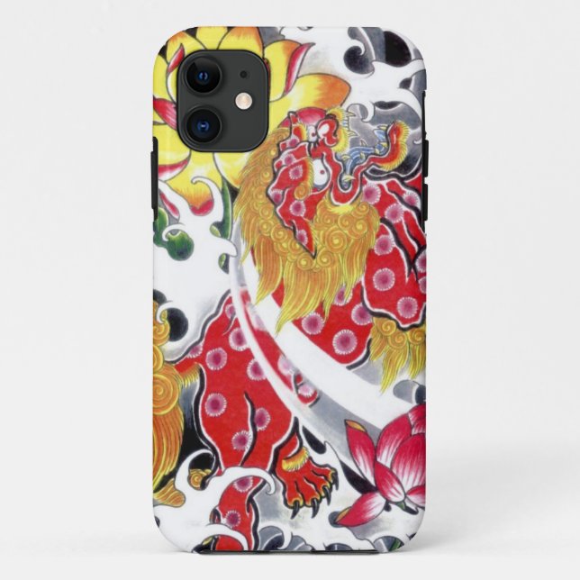 Funda De Case-Mate Para iPhone Diseño de tatuaje de Foo Dog y Lotus (Reverso)
