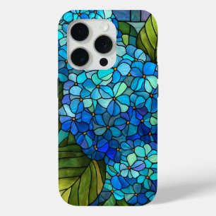 Funda Para iPhone 15 Pro Diseño de vidrio emplomado Hortensia Azul