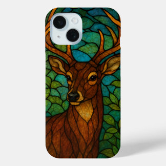 Funda Para iPhone 15 Diseño de vidrio tintado estilo Tiffany de ciervo