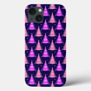 Funda Para iPhone 13 Diseño del patrón azul rosado del árbol de Navidad