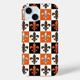 Funda Para iPhone 15 Diseño Fleur-de-lis con cuadros blancos negros nar