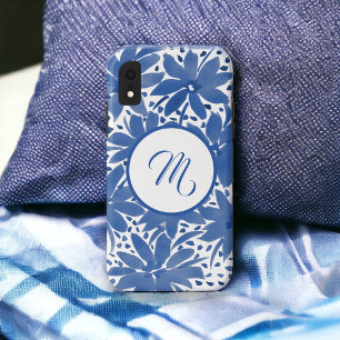 Funda Para iPhone XR Diseño floral monogramado azul blanco