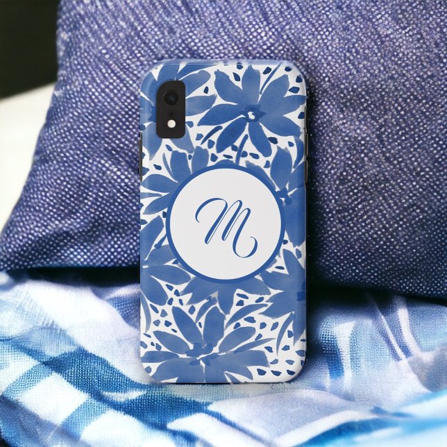 Funda De Case-Mate Para iPhone Diseño floral monogramado azul blanco (Subido por el creador)