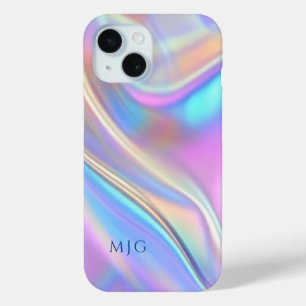 Funda Para iPhone 15 Diseño irisado, monograma de texto azul profundo c