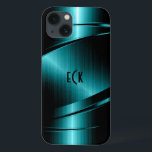 Funda Para iPhone 13 Diseño metálico de imitación verde turquesa monogr<br><div class="desc">Elegante diseño metálico de color verde turquesa, de acero inoxidable con líneas dinámicas. Personalizable y monograma opcional. Está disponible en otros productos. No es metalizado de verdad, pero es una imagen de textura metálica. Si necesita ayuda para personalizar, cambiar el color o cualquier otra cosa a cualquiera de mis diseños,...</div>