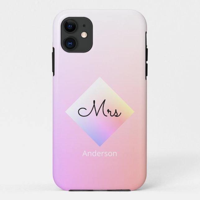 Funda De Case-Mate Para iPhone DIY Mrs & Name, Rainbow Diamond, Ombre rosa/blanco (Reverso)