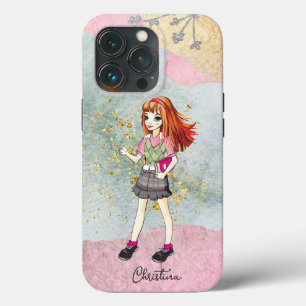 Funda Para iPhone 13 Pro Doodle Chica Con Nombre De Oro De Cabello Rojo
