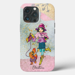 Funda Para iPhone 13 Pro Doodle Chica de pelo oscuro con nombre de perro