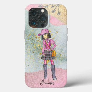 Funda Para iPhone 13 Pro Doodle Dark Hair Chica de moda Nombre