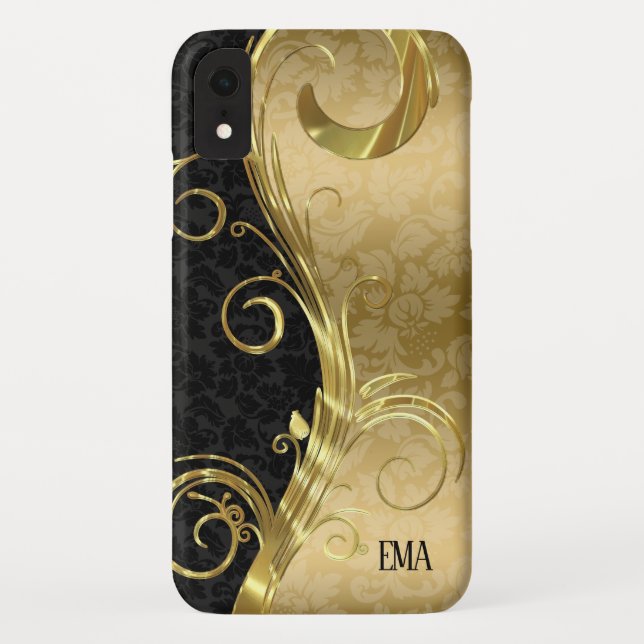 Funda De Case-Mate Para iPhone Dorado Black Damask Gold Swirls (Reverso)