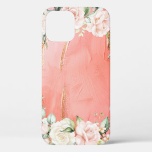 Funda Para iPhone 12 Dorado color de agua floral rosa rosa