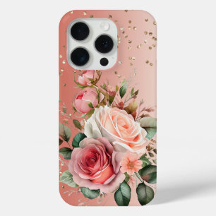 Funda Para iPhone 15 Pro Dorado Confetti Rosa Flor