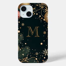 Funda Para iPhone 15 Dorado Festivo Monograma Elegante de Navidad Oscur