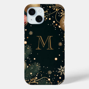 Funda Para iPhone 15 Dorado Festivo Monograma Elegante de Navidad Oscur