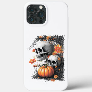 Funda Para iPhone 13 Pro Max Dos cráneos y una calabaza entre las flores.