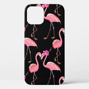 Funda Para iPhone 12 Dos flamencos rosas sobre un fondo negro. Sin inco