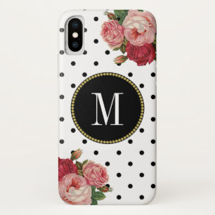 Funda Para iPhone X Dosis blancas negras vintage Monograma de oro flor