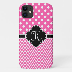 Funda Para iPhone 11 Dosis de Polka Rosa Caliente Monograma de Quatrefo