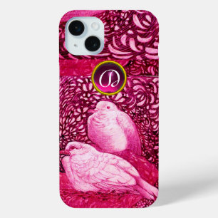 FUNDA PARA iPhone 15 MINI DOVAS BLANCAS EN MONOGRAMA DE FUCHSIA ROSA