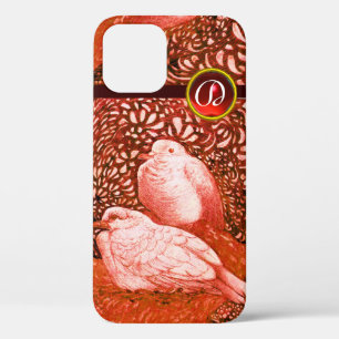 FUNDA PARA iPhone 12 DOVAS BLANCAS EN ROJO RUBY MONOGRAM