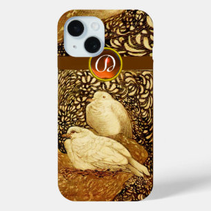 FUNDA PARA iPhone 15 DOVAS BLANCAS EN SEPIA MARRÓN, MONOGRAMA DE PIEDRA