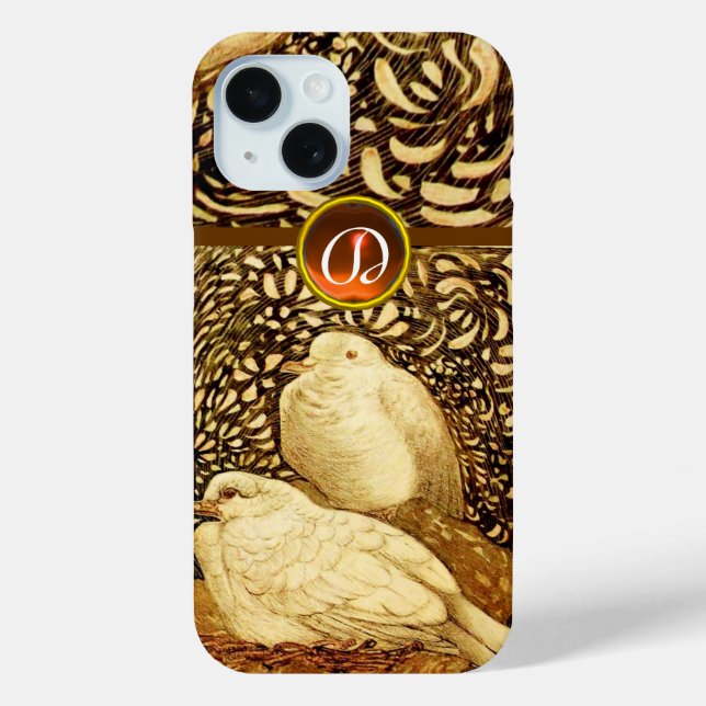 FUNDA DE Case-Mate PARA iPhone DOVAS BLANCAS EN SEPIA MARRÓN, MONOGRAMA DE PIEDRA (Reverso )