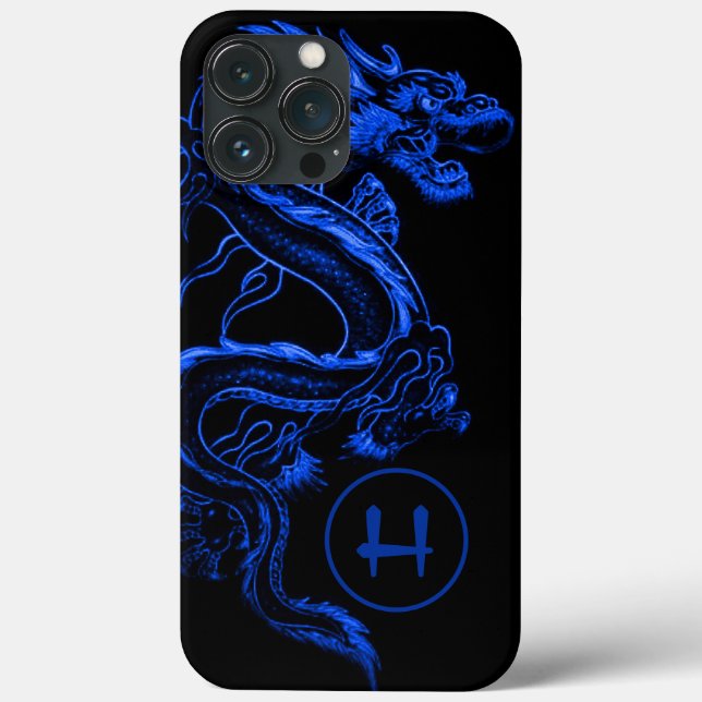 Funda De Case-Mate Para iPhone Dragón asiático monogramado azul (Reverso )