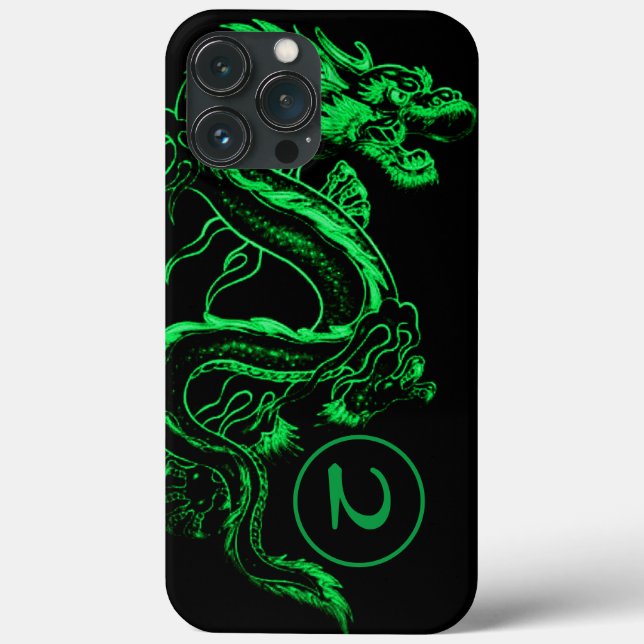 Funda De Case-Mate Para iPhone Dragón asiático verde monogramado (Reverso )